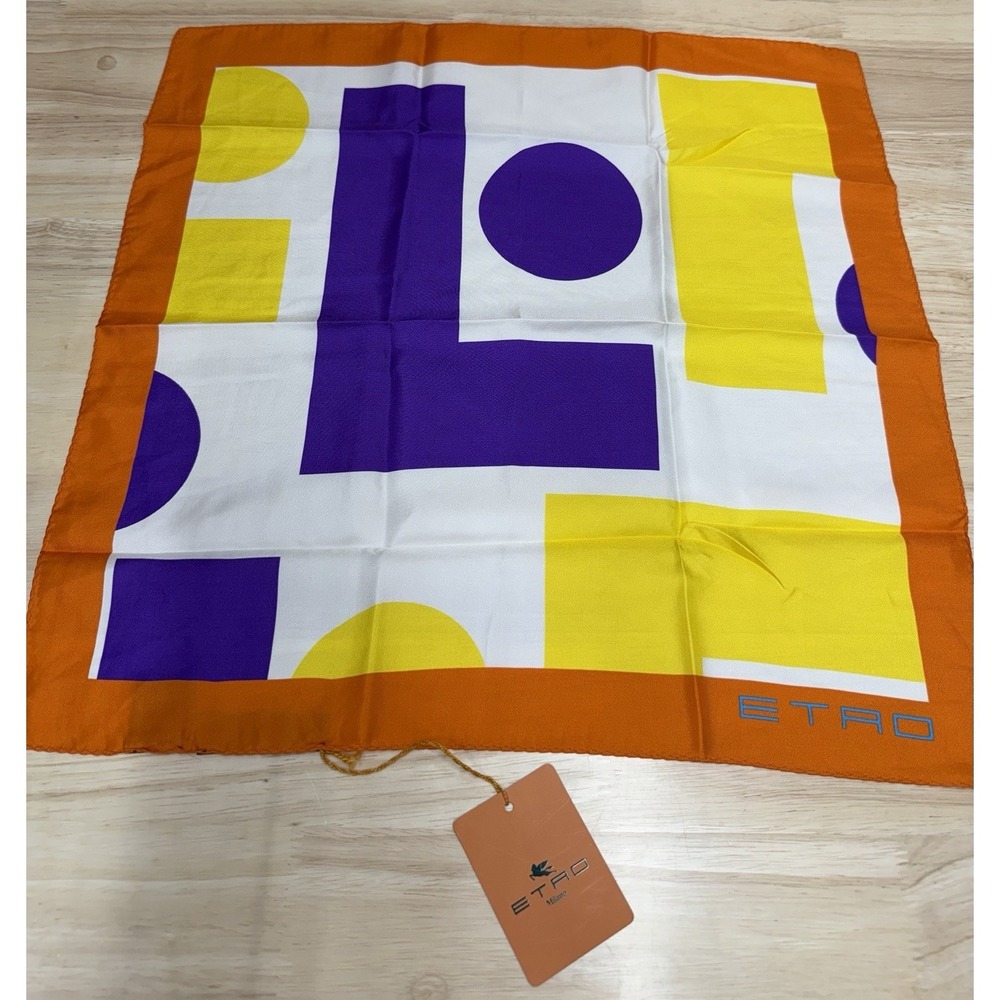 ETRO Milano 100% Silk Multicolor Geometric Pocket Square Handkerchief Italy
